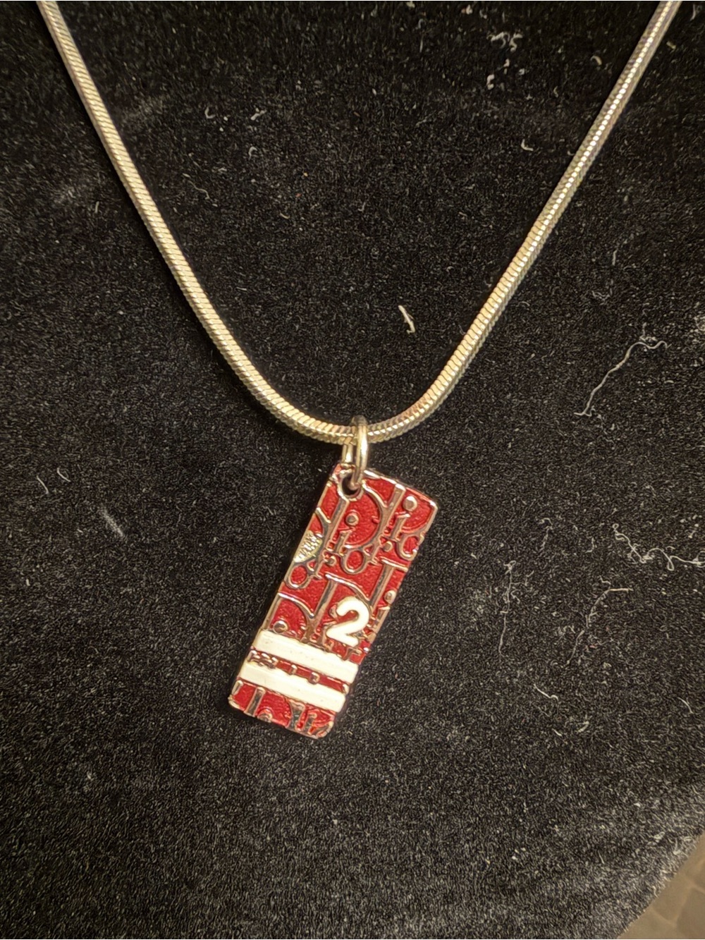 Dior Red Enamel '2' Pendant Necklace with Silver Chain